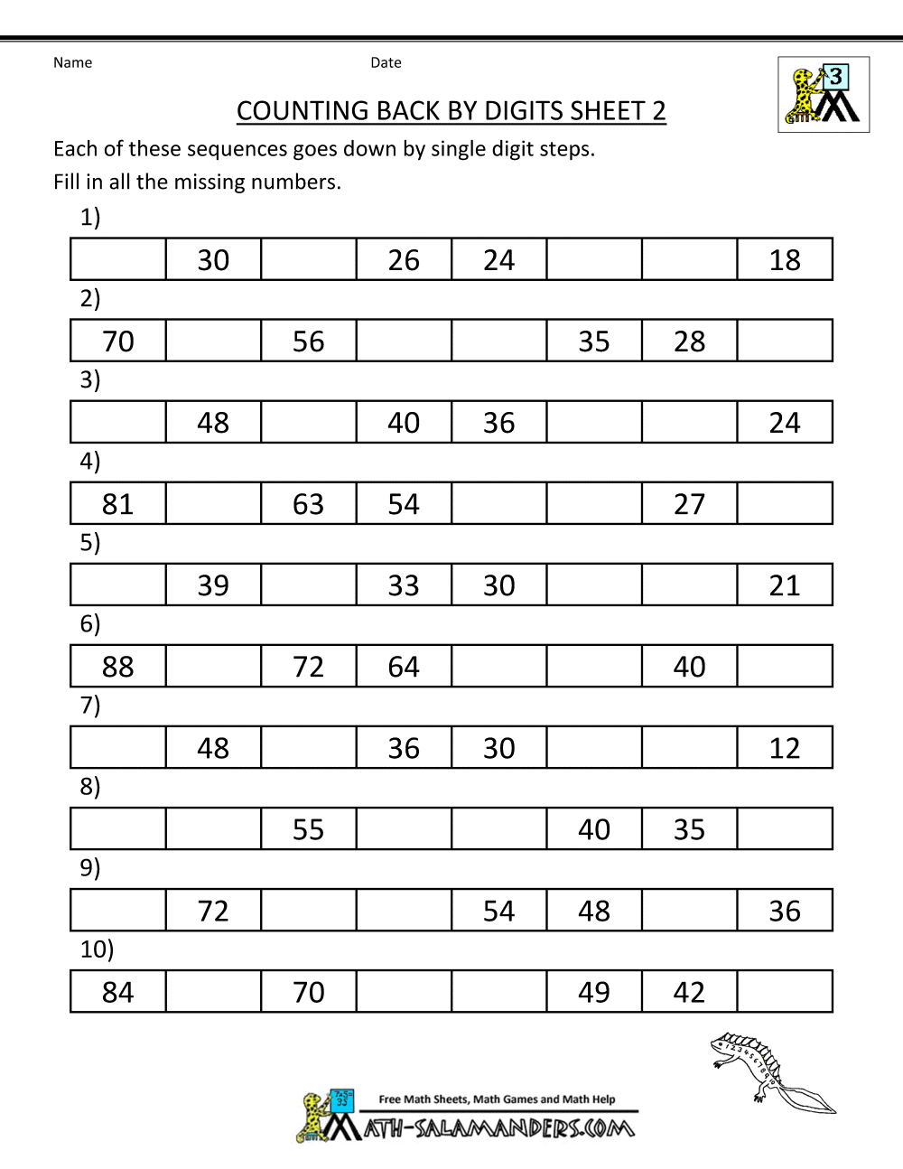 Counting on and back Worksheets 3rd Grade