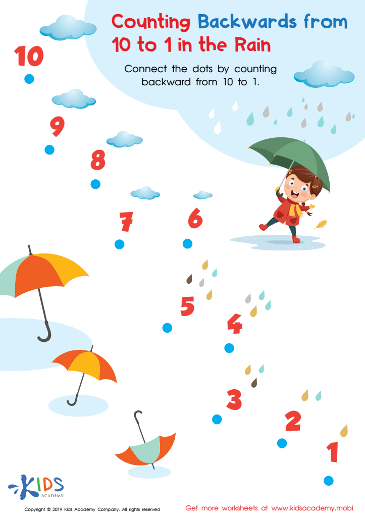 Counting Backwards from 10 to 1 in the Rain Worksheet for kids