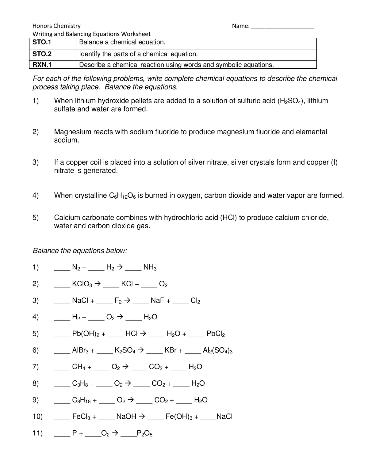 balance chemical equations worksheet answers