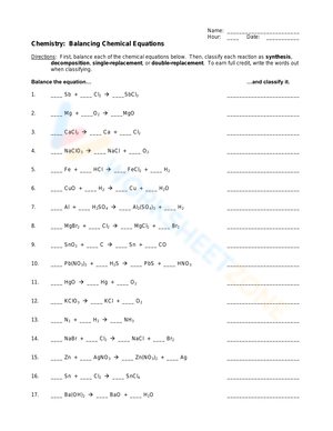 Chemistry: Balancing Chemical Equations Worksheet