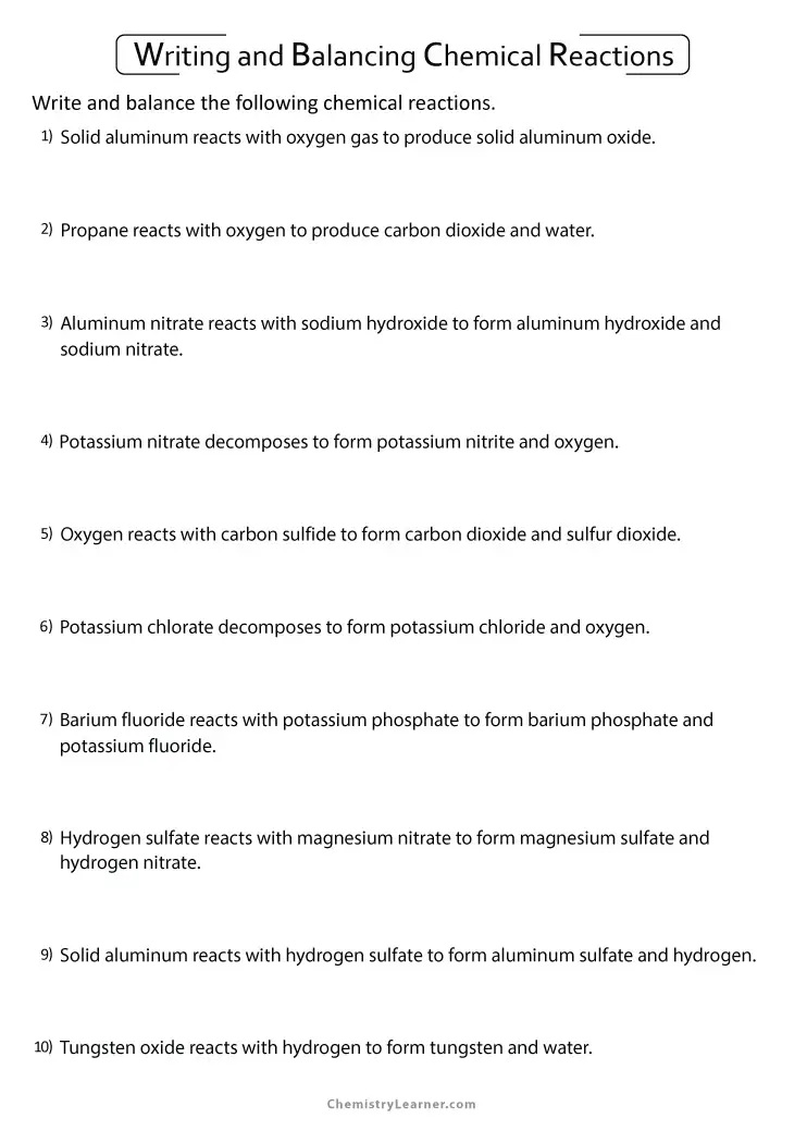 Free Printable Writing and Balancing Chemical Equations Worksheets