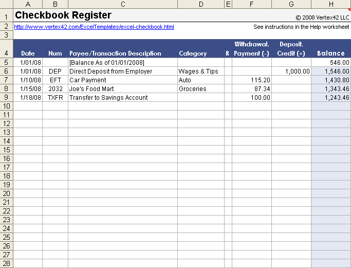 Free Excel Checkbook Register - Printable