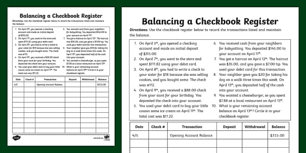 Sixth Grade Balancing a Checkbook Register Activity - Twinkl