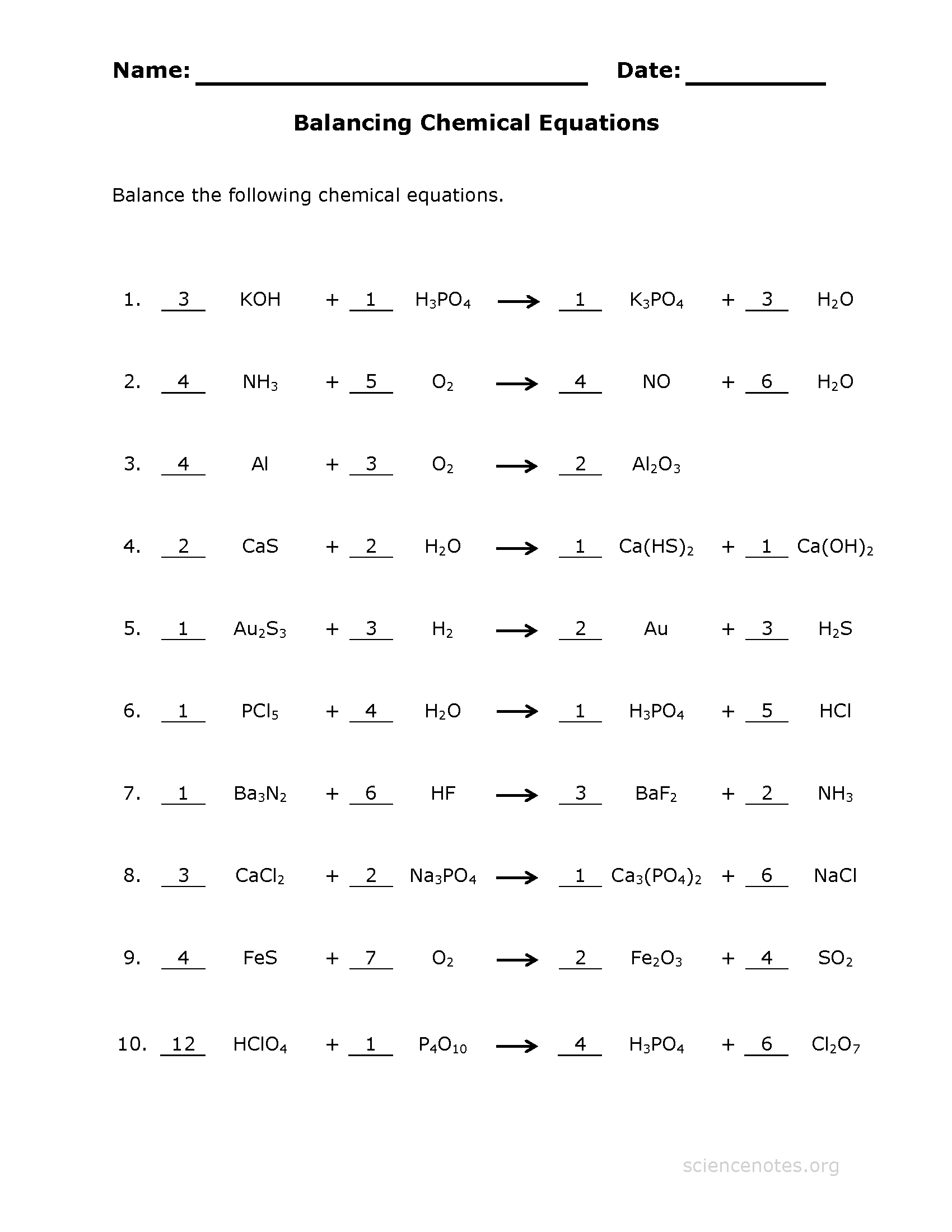 balancing chemical equations practice worksheet with answers