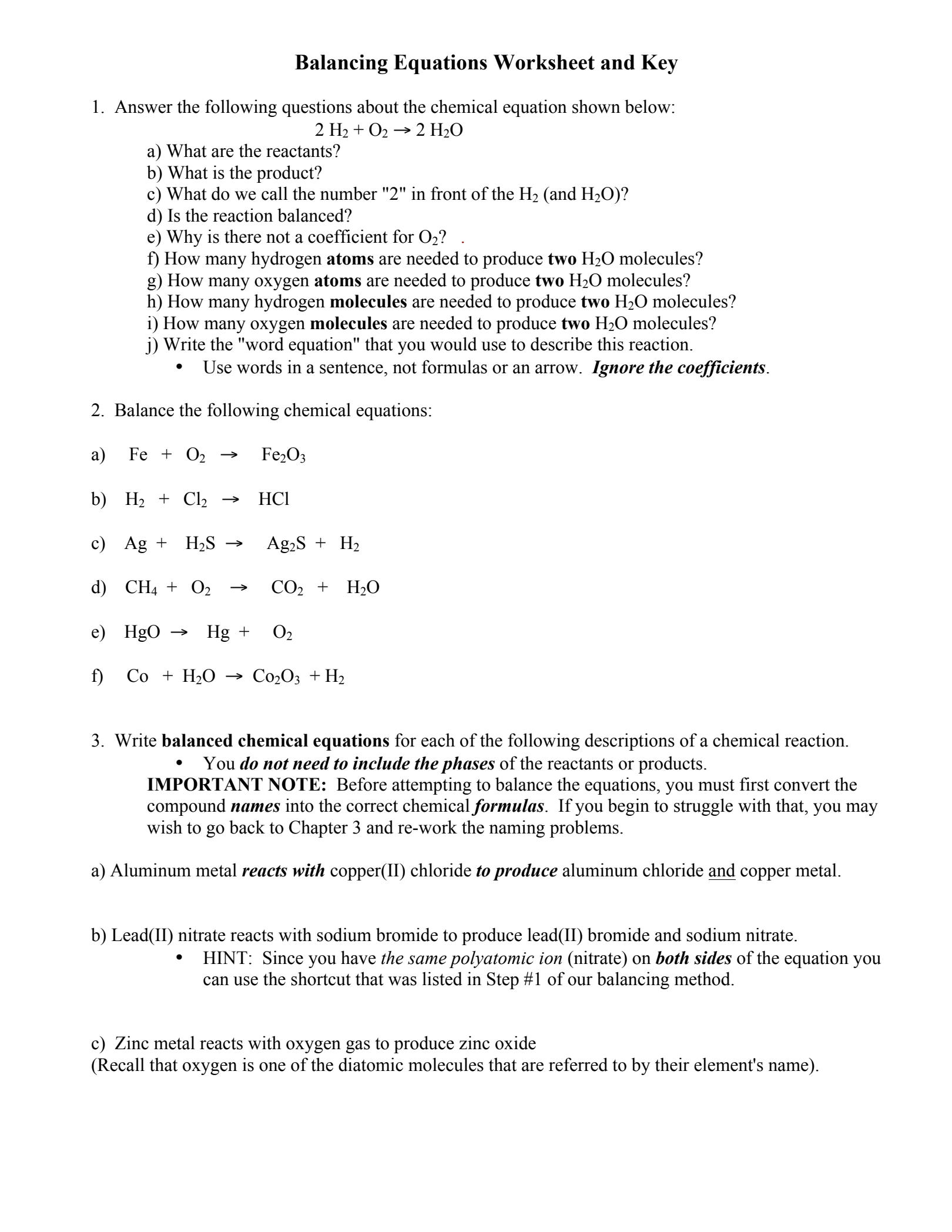 SOLUTION: Balancing Equations Worksheet And key. - Studypool ...