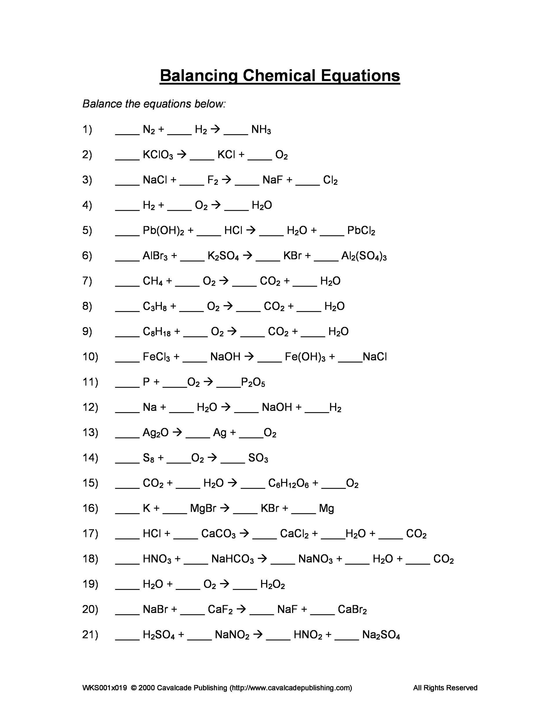 balancing chemical equations worksheet middle school