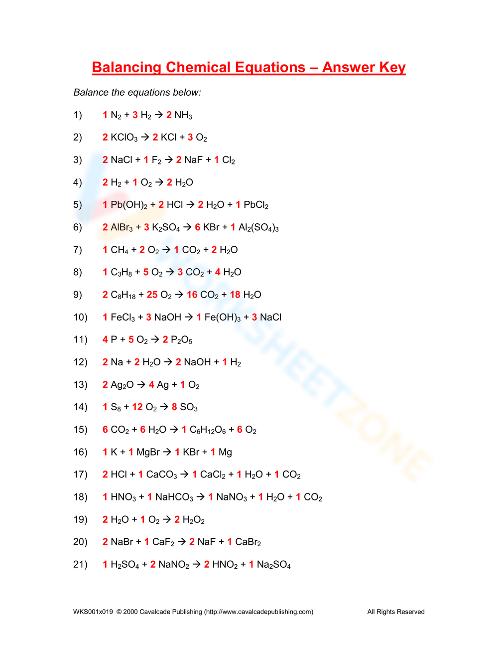 balancing chemical equations worksheet with answer key