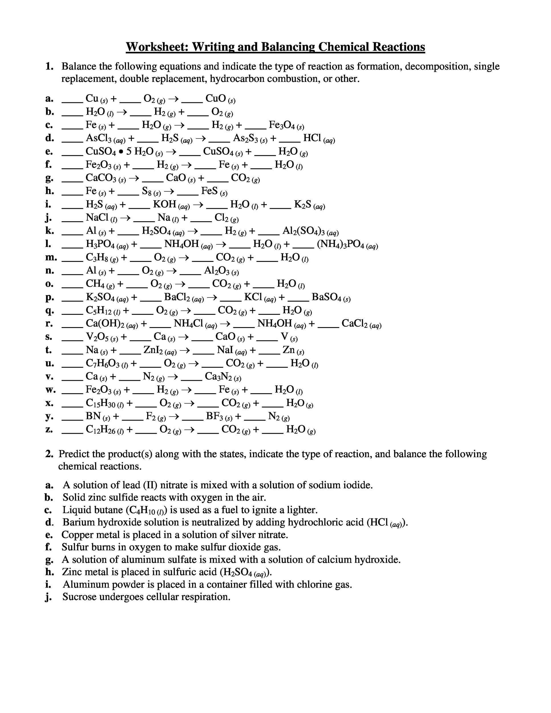 balancing chemical reactions worksheet with answers