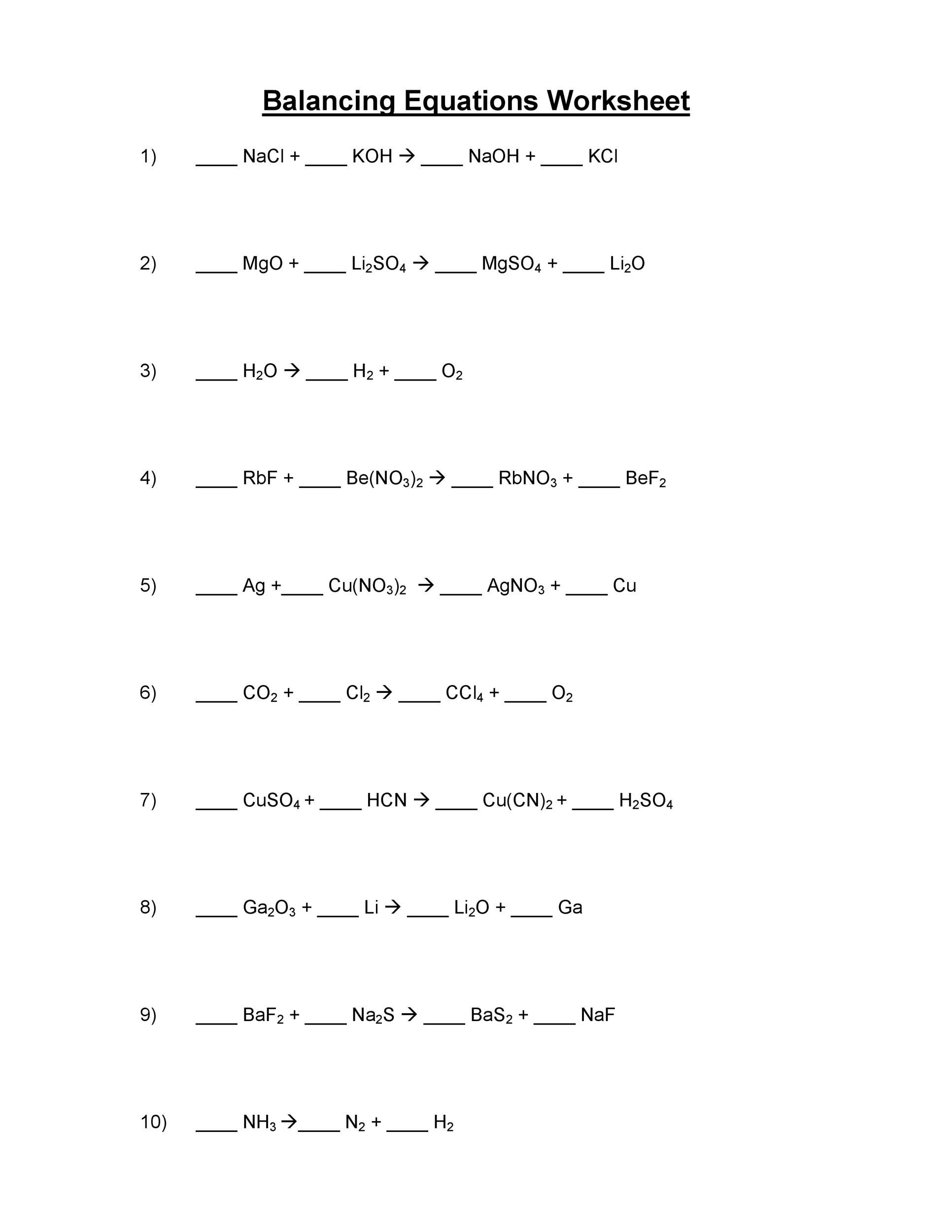 balancing chemical reactions worksheet