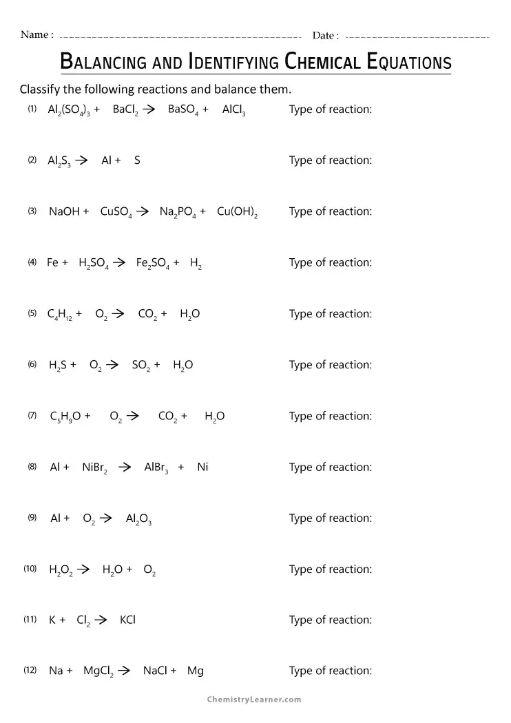 balancing chemical reactions worksheet