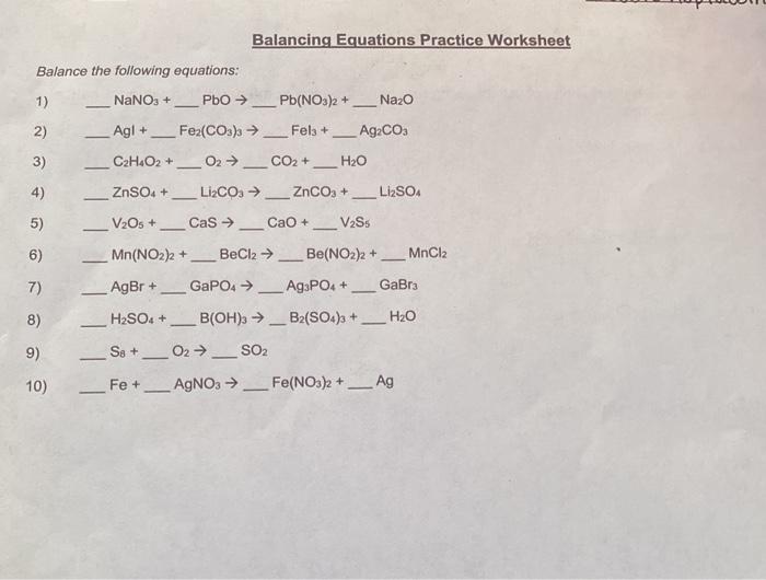 Solved Balancing Equations Practice Worksheet Balance the | Chegg.com