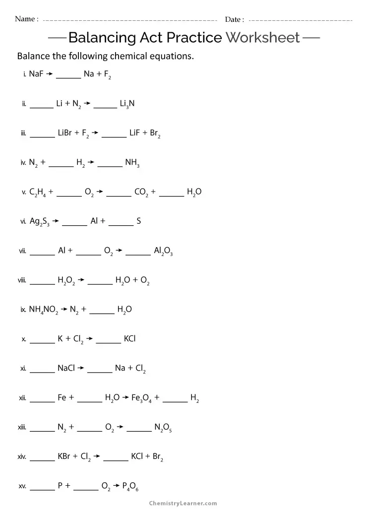 balancing equations practice worksheet answers