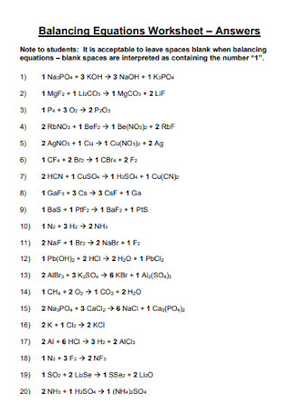 balancing equations worksheet 2 answers