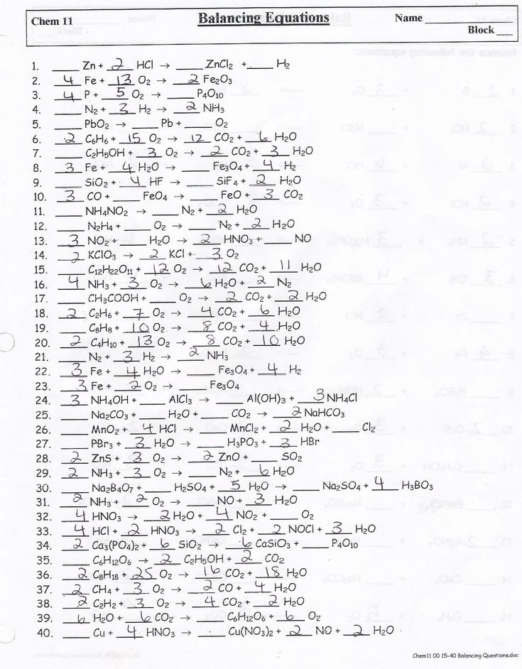 balancing equations worksheet 2 answers