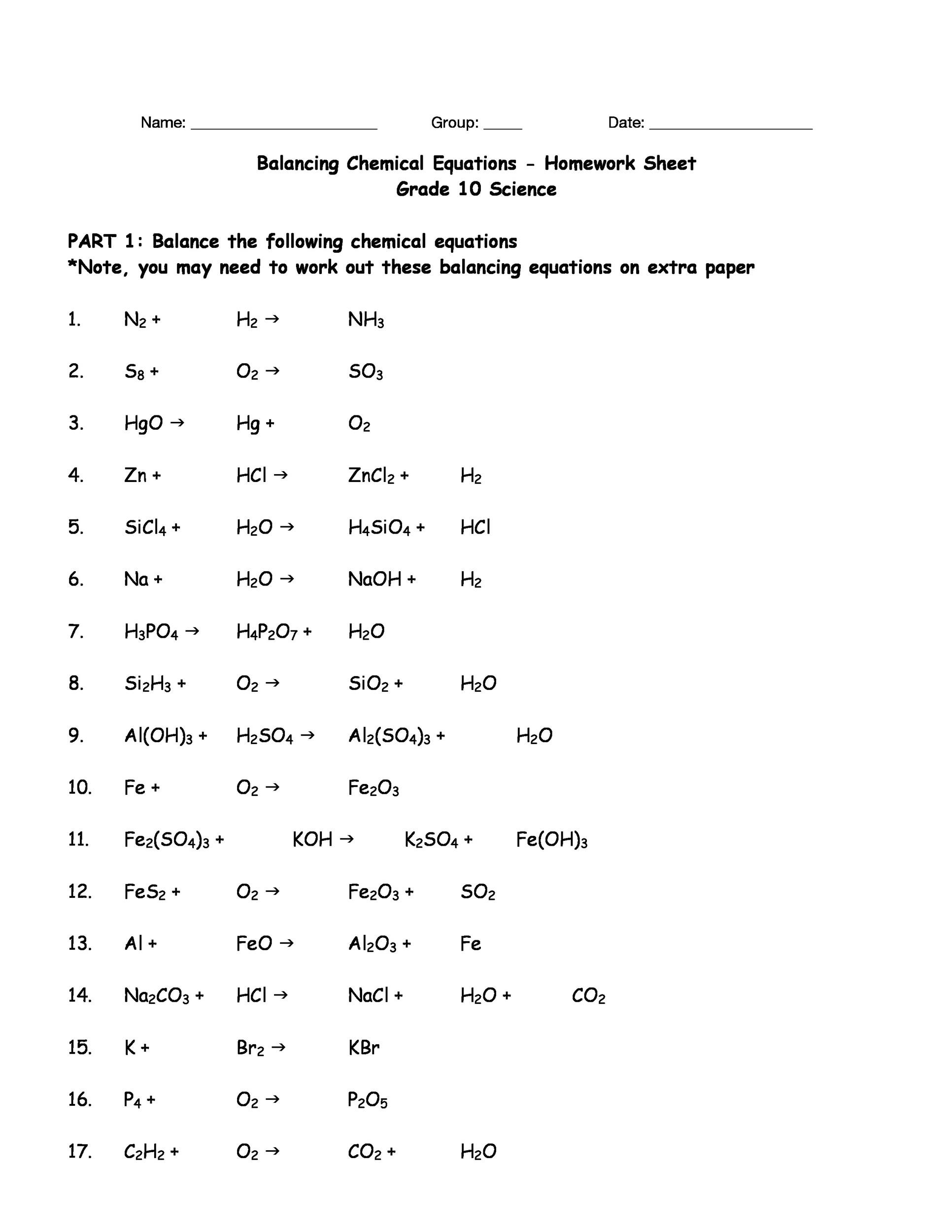balancing equations worksheet answers chemistry