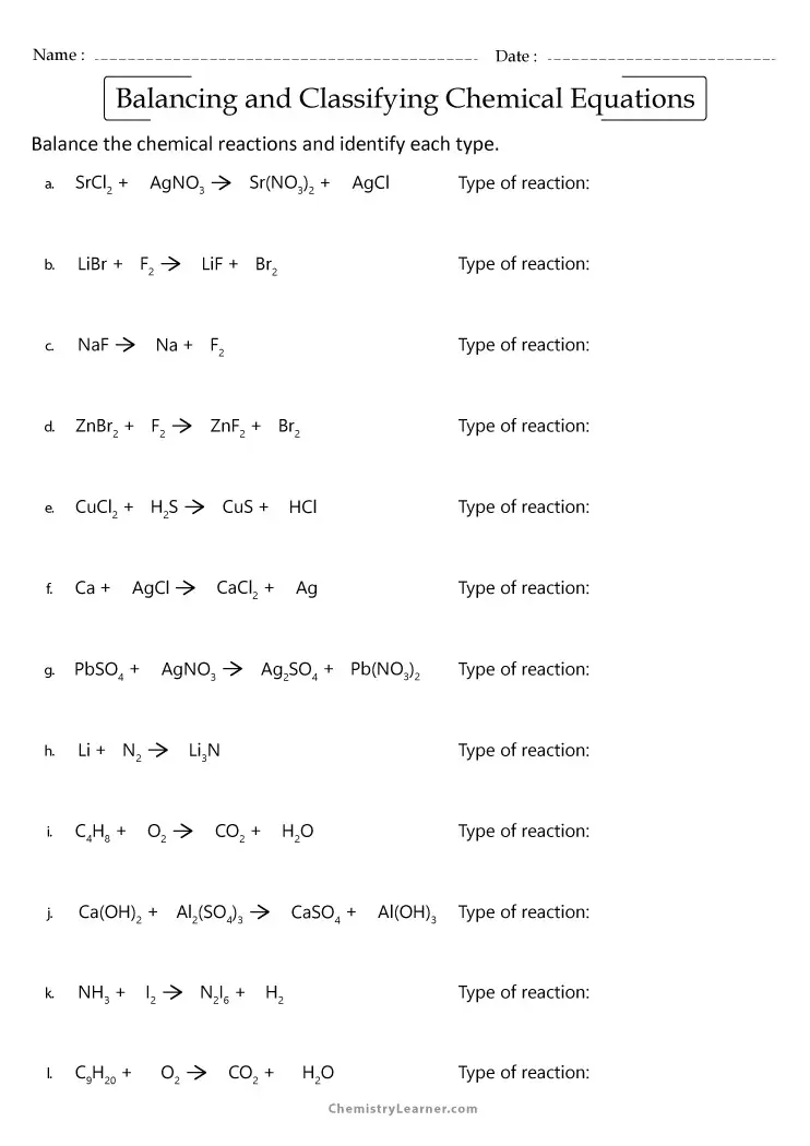 Free Printable Balancing and Classifying Chemical Equations Worksheets