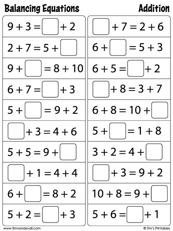 Balancing Equations Worksheet - Addition - Tims Printables