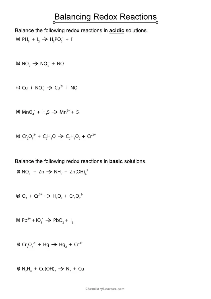 Free Printable Balancing Redox Reactions Worksheets