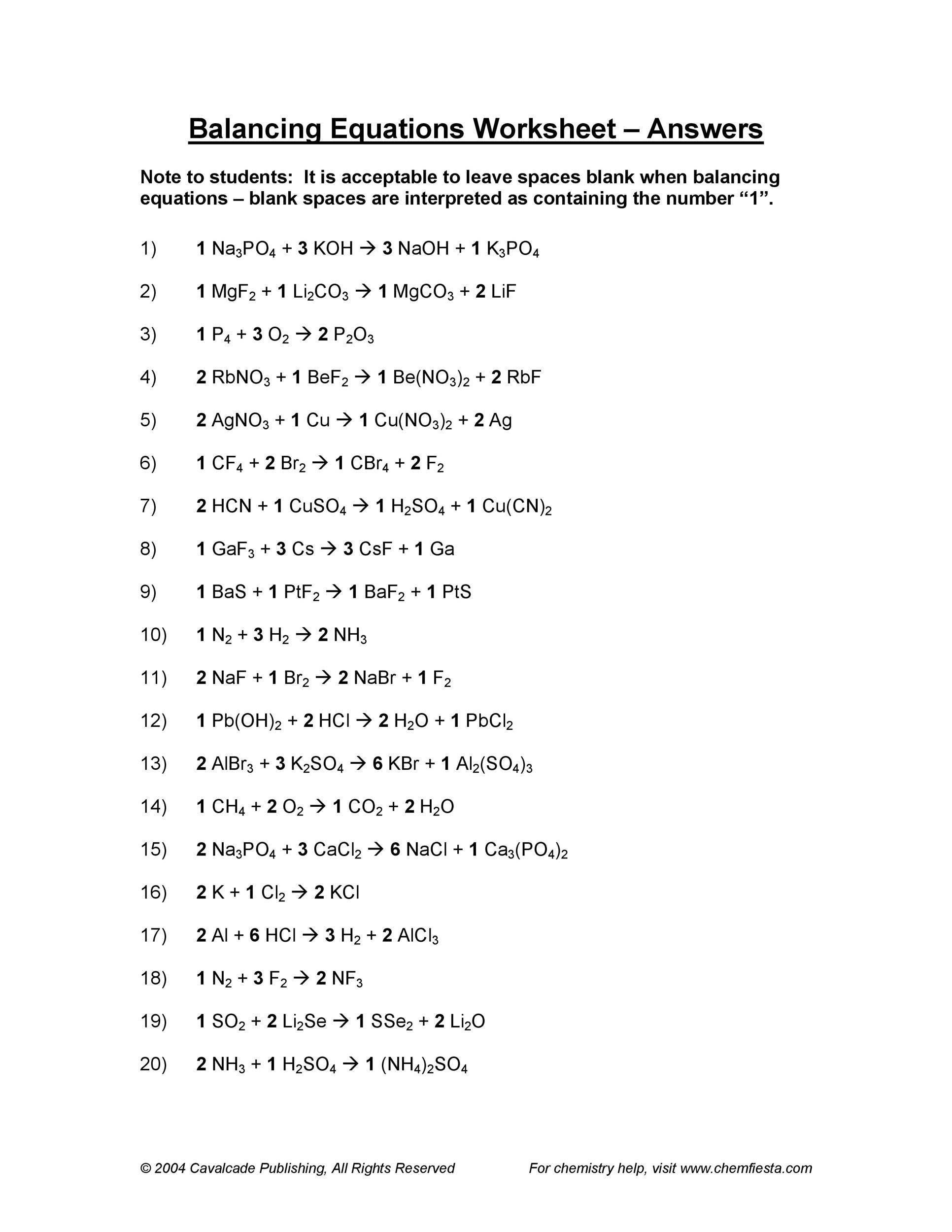 49 Balancing Chemical Equations Worksheets [with Answers]