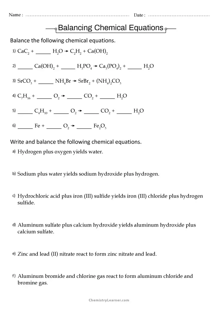 Free Printable Balancing Equations Worksheets