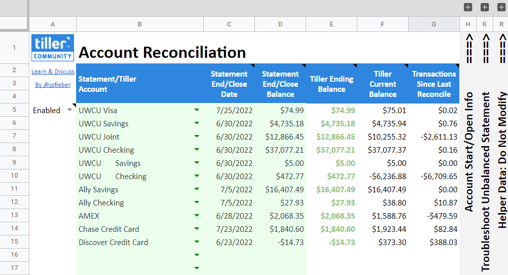 ? Account Reconciliation - Google Sheets - Show &  Tell - Tiller ...