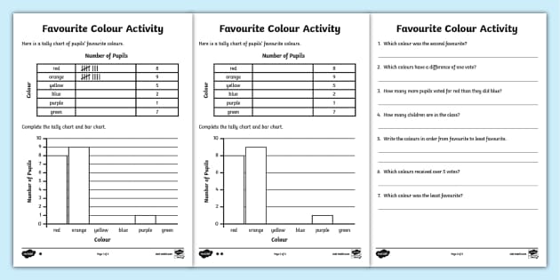 Favourite Colour Tally Chart and Bar Chart Worksheets