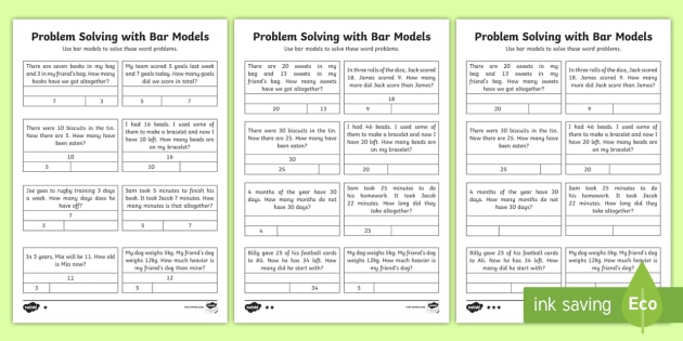 Year 2 Maths Bar Model Problem-Solving Homework Worksheets