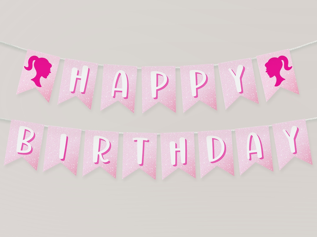Pink Glitter Doll Happy Birthday Banner, Girl Birthday Party, Hot ...