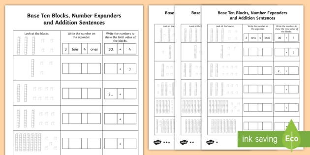 Base Ten Blocks, Number Expanders and Addition Worksheets