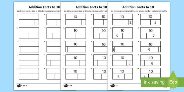 Addition facts to 10 Worksheets (teacher made) - Twinkl