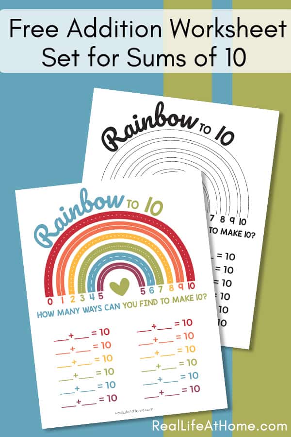 Free Addition Facts Worksheet for Sums of 10 (Featuring a Rainbow)