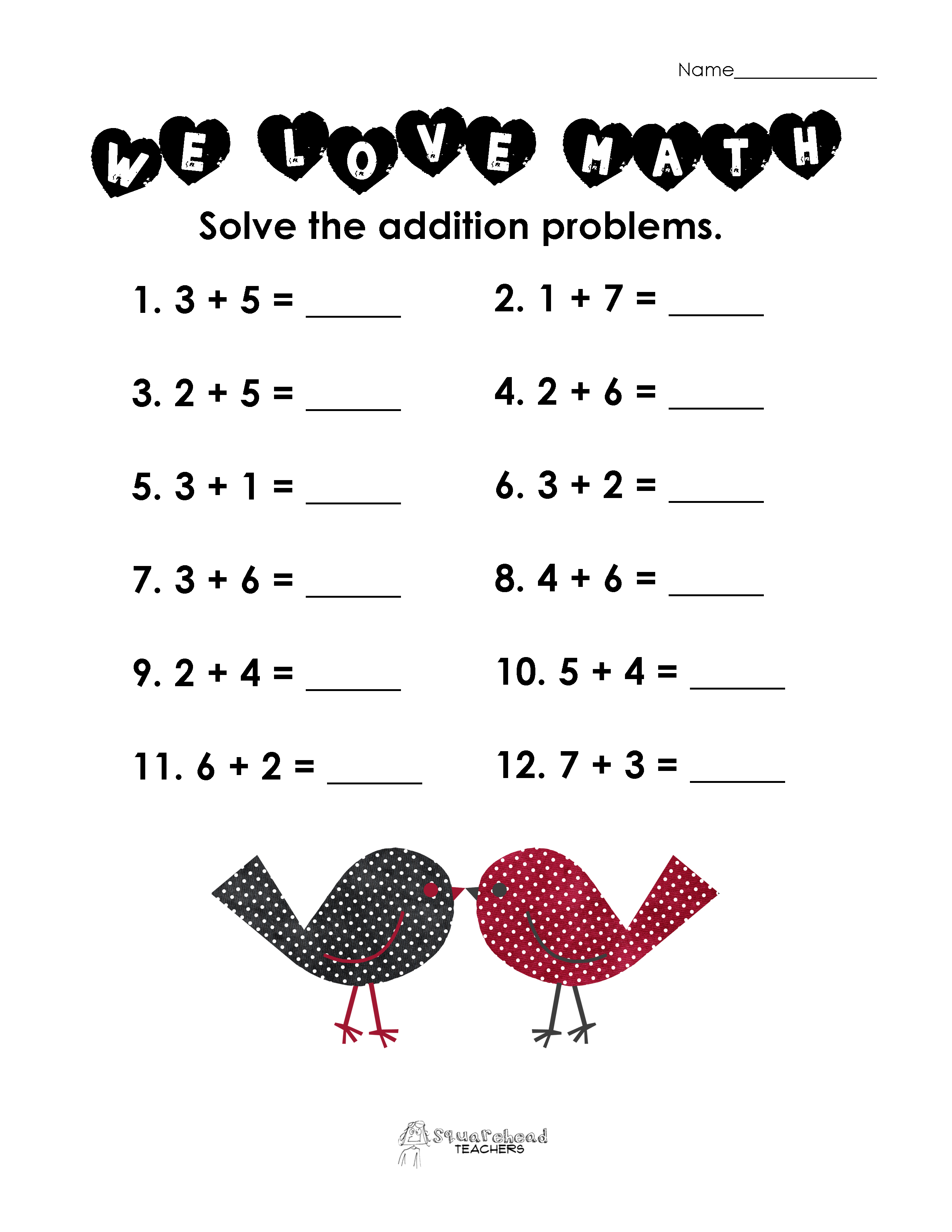Valentines Day Math Simple Addition Worksheet | Squarehead Teachers