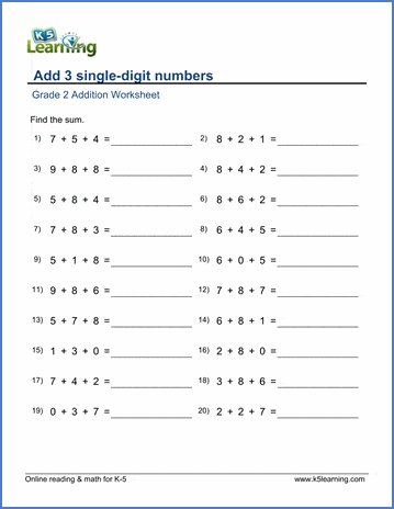 Grade 2 Math Worksheets - Adding three single-digit numbers | Worsheets library...