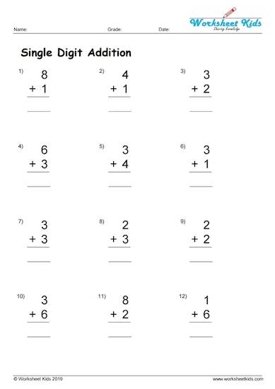 Single digit addition worksheets for grade 1 - Free printable PDF