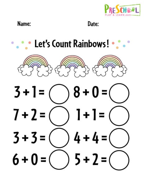 FREE Printable Kindergarten Addition Worksheets Numbers 1-10