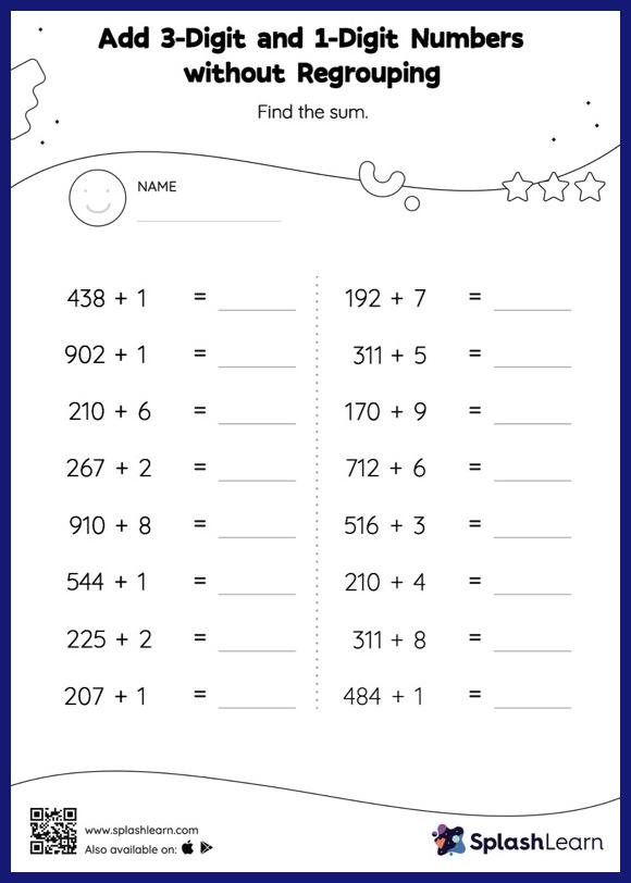 Add 3-Digit and 1-Digit Numbers without Regrouping: Horizontal ...