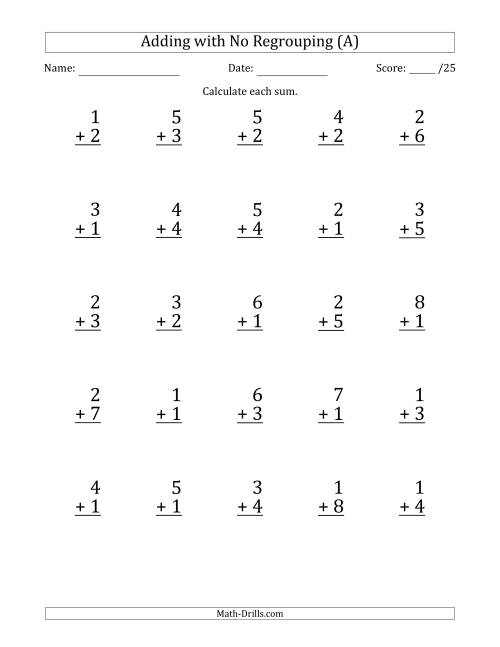 25 Single-Digit Addition Questions with No Regrouping (A)