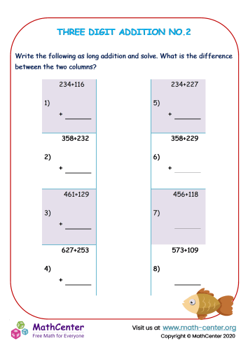 3 digit addition - Worksheet No.2 | Worksheets | Math Center