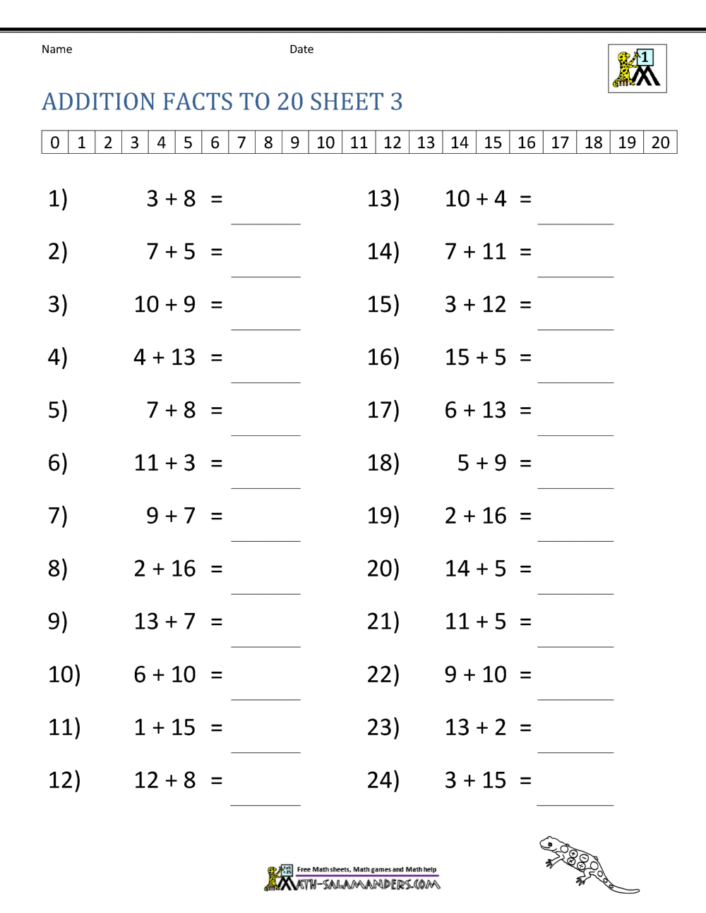 Addition Facts to 20 Worksheets