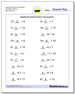 Addition and Subtraction Pre-Algebra Worksheets