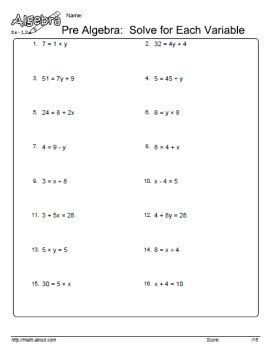 Pre Algebra Worksheets on Isolating Variable