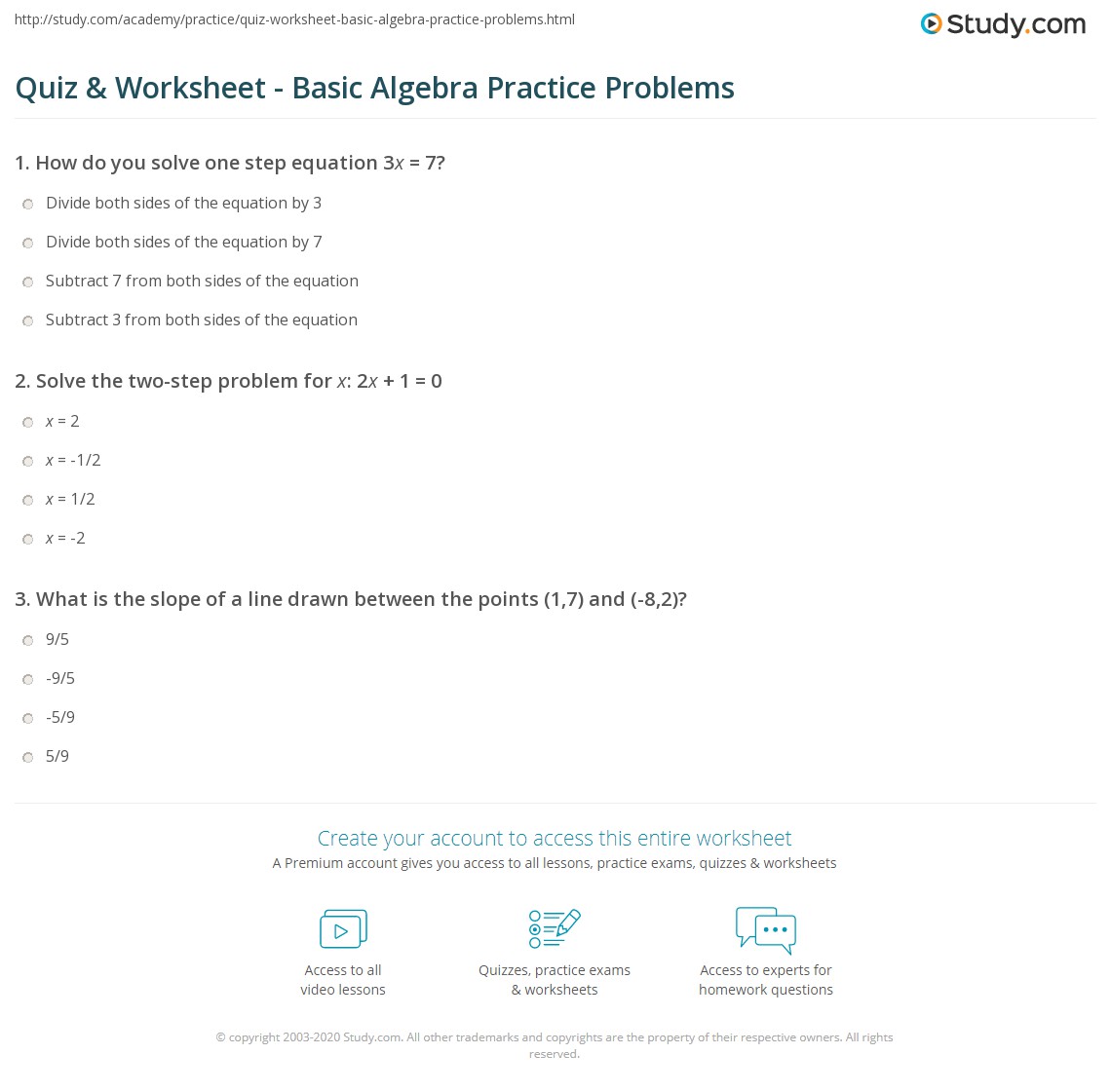 Quiz &  Worksheet - Basic Algebra Practice Problems | Study.com