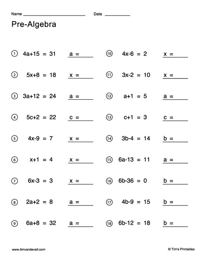 Pre Algebra Worksheets – Tims Printables