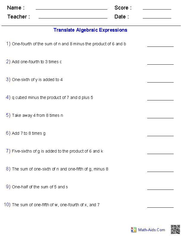 basic algebraic expression worksheet
