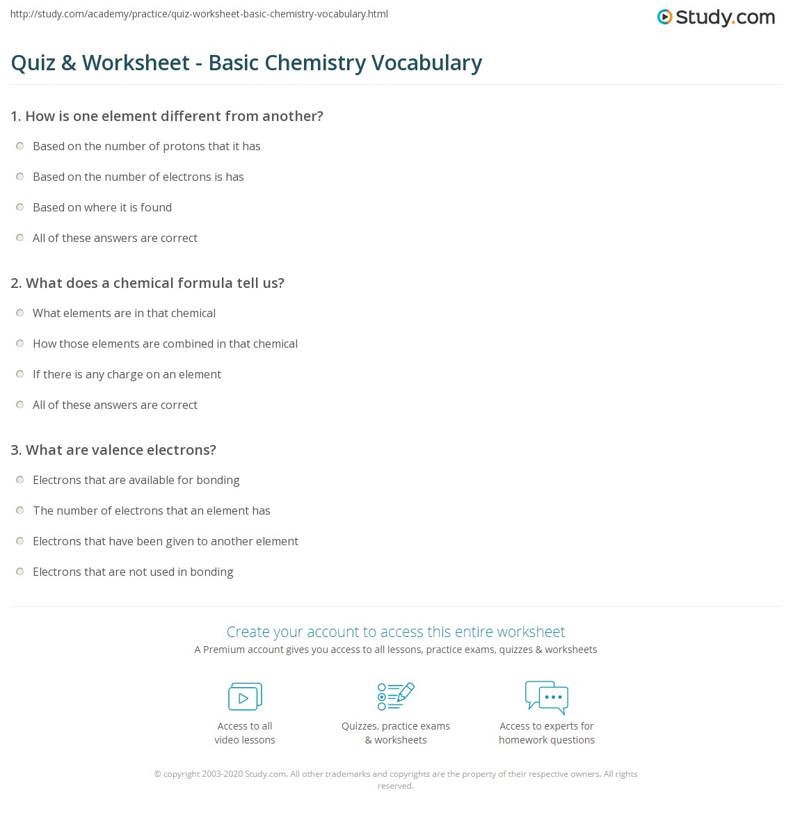 Quiz &  Worksheet - Basic Chemistry Vocabulary | Study.com