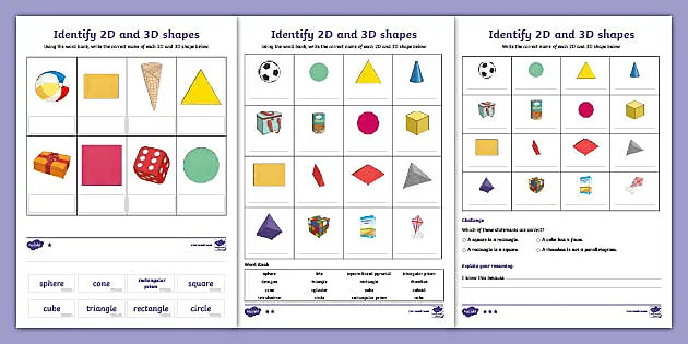3D and 2D Shapes Identification Worksheets - Maths - KS2