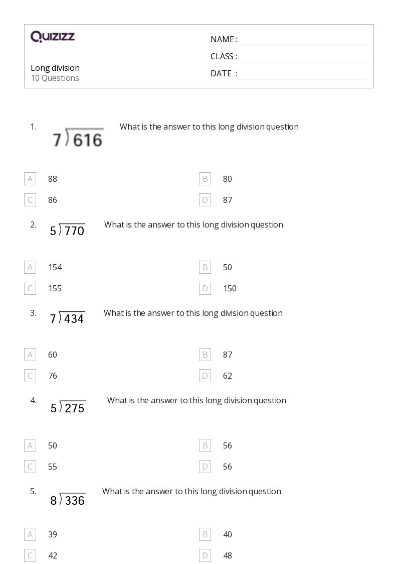 50+ Long Division worksheets for 1st Grade on Quizizz | Free ...