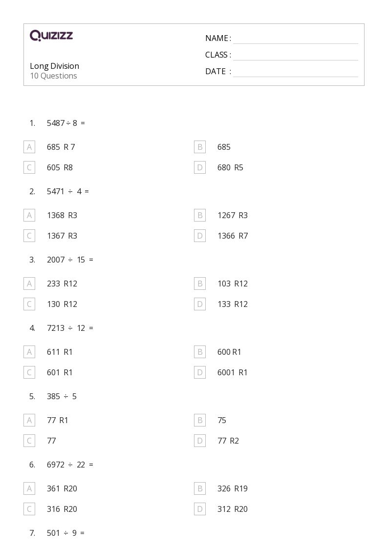 50+ Long Division worksheets for 5th Year on Quizizz | Free ...