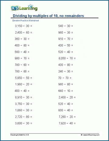 Dividing by multiples of 10, no remainders worksheets | Worsheets library