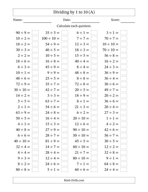 Horizontally Arranged Division Facts with Divisors 1 to 10 and ...